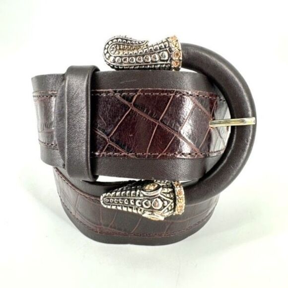 Carlisle Women's Leather Crocodile Head Tail Rhinestones Buckle Belt Brown XS - Picture 1 of 14